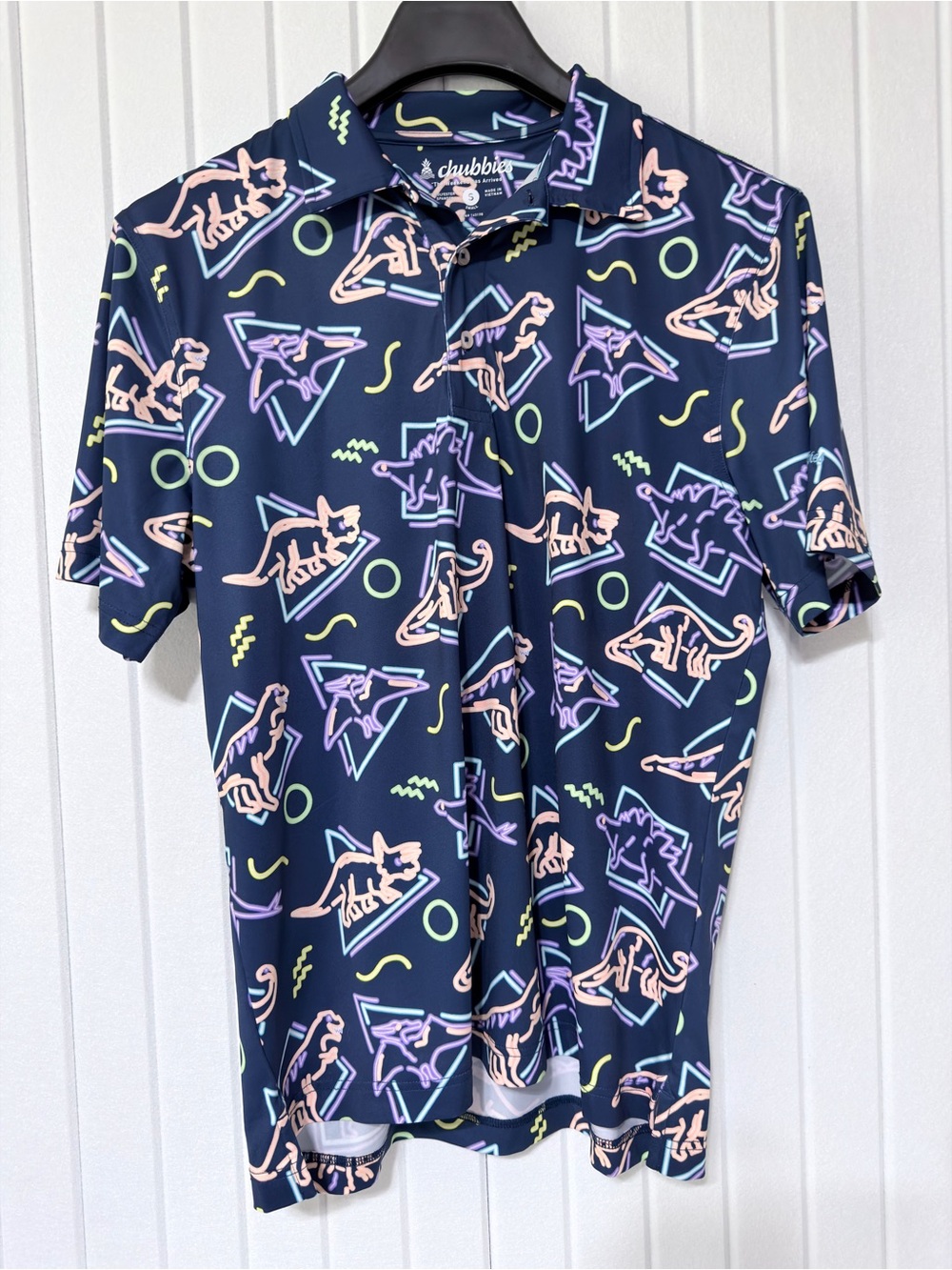 Chubbies Navy Polo with Neon Dinosaur & Geometric Print
